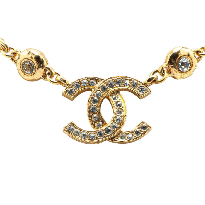 Chanel Gold Plated CC Rhinestone Pendant Necklace Gold Metal Good condition - Front View