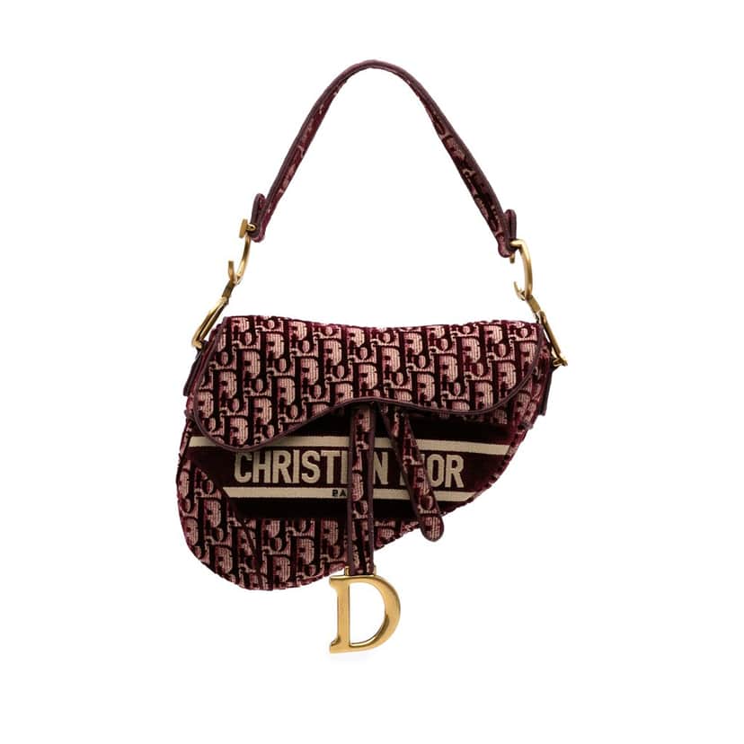 Dior Oblique Velvet Embroidered Saddle Bag Red Velvet Very good condition - Front View