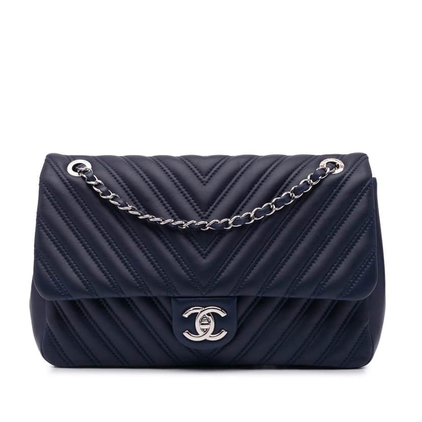 Chanel Jumbo Double Stitch Chevron Lambskin Single Flap Blue Leather Good condition - Front View