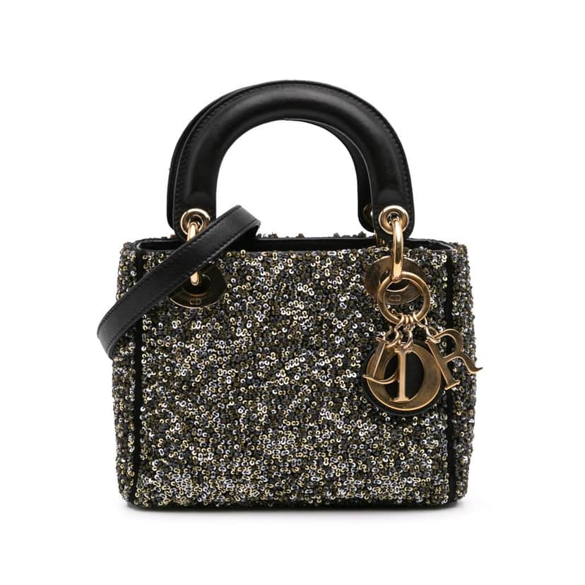 Dior Mini Satin Sequin Embroidered Lady Dior Black Satin Good condition - Front View