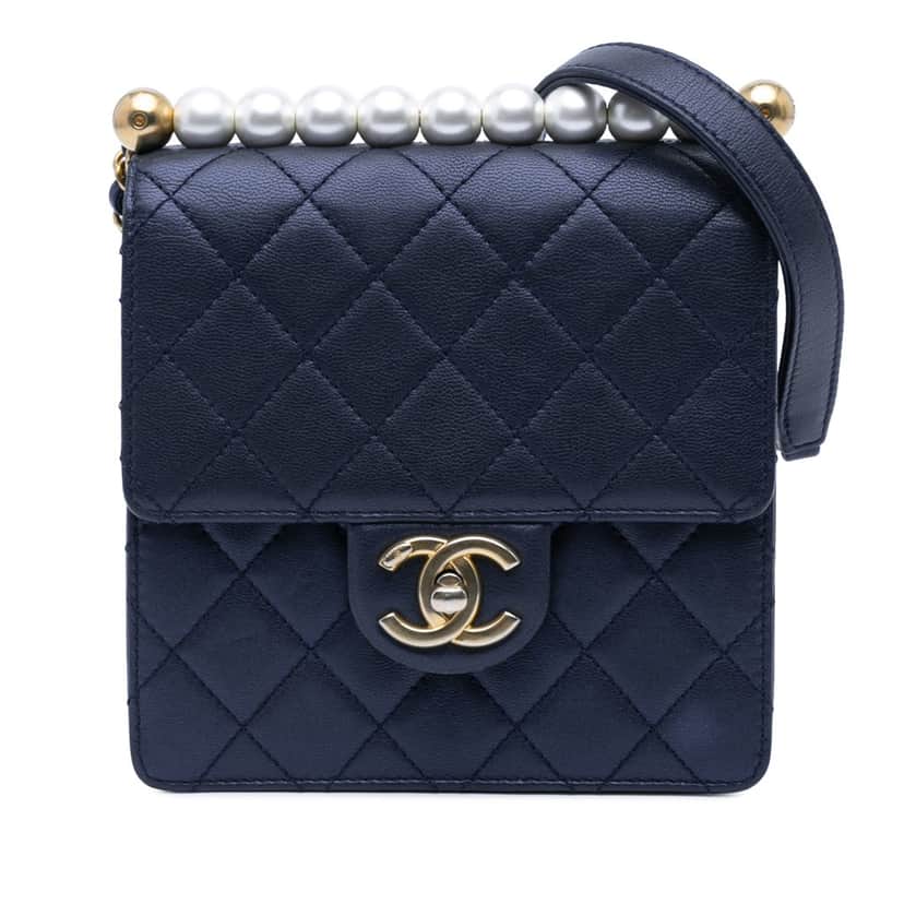 Chanel Small Lambskin Chic Pearls Flap Blue Leather Very good condition - Front View
