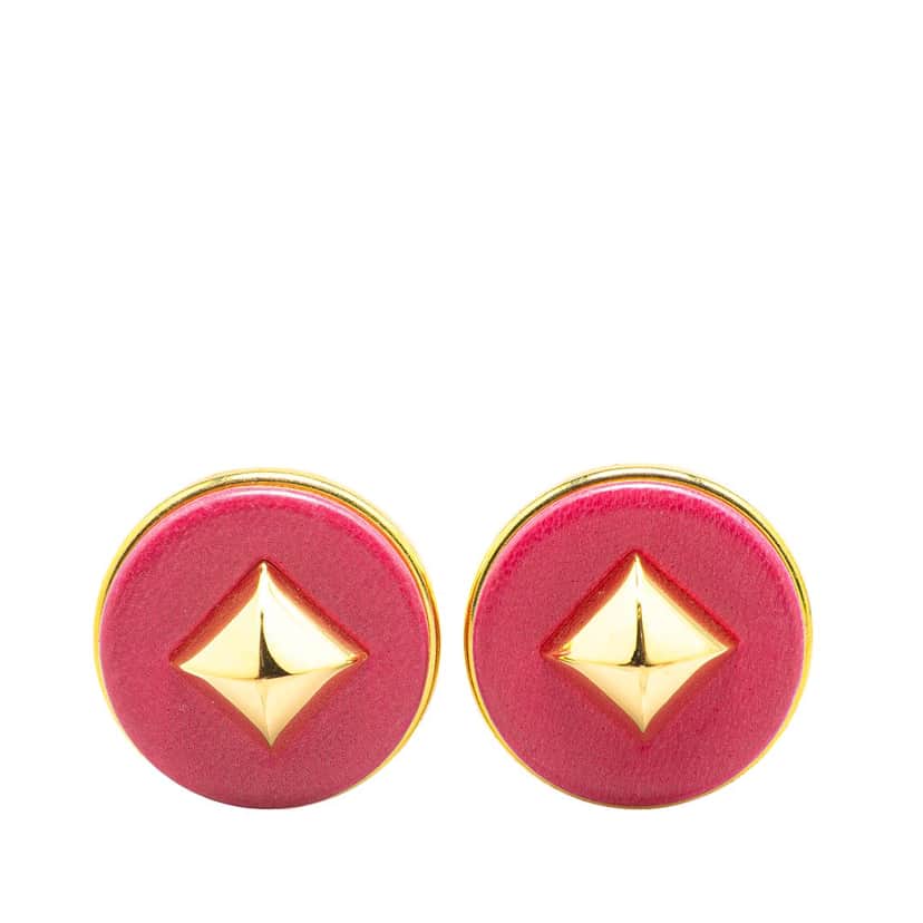 Hermès Gold Plated and Leather Medor Round Clip on Earrings Pink Leather Good condition - Front View