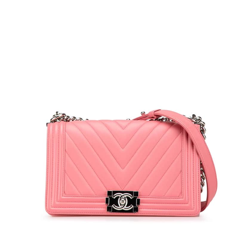 Chanel Old Medium Chevron Lambskin Boy Flap Pink Leather Very good condition - Front View