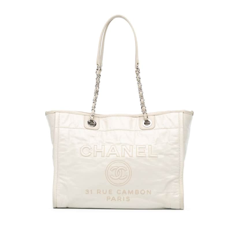 Chanel Small Glazed Calfskin Deauville Tote White Leather Good condition - Front View
