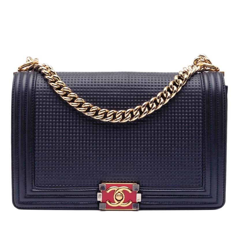 Chanel Medium Lambskin Embossed Cube Boy Flap Blue Leather Good condition - Front View