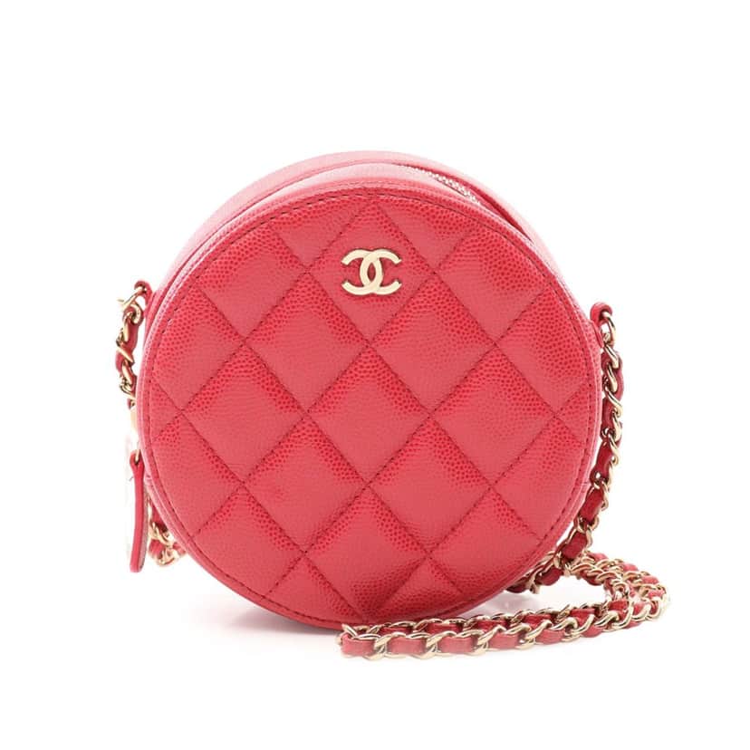 Chanel Quilted Caviar Round Clutch With Chain Red Leather Good condition - Front View