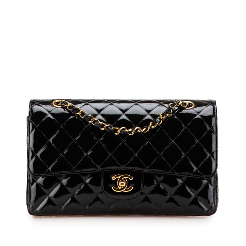 Chanel Medium Classic Patent Double Flap Black Leather Good condition - Front View