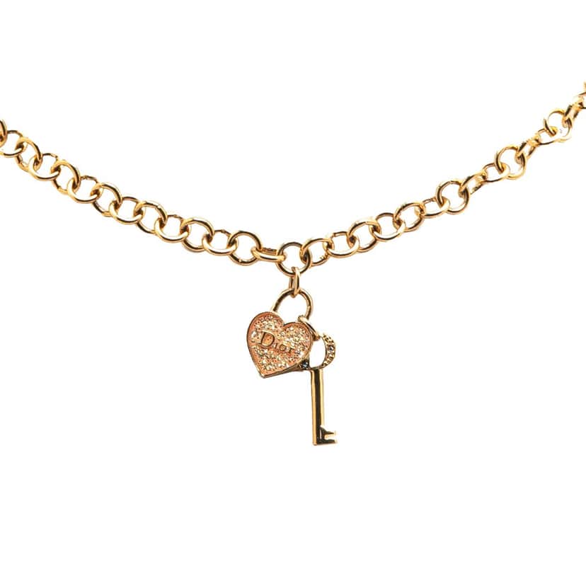 Dior Gold Plated Heart Padlock and Key Pendant Necklace Gold Metal Good condition - Front View
