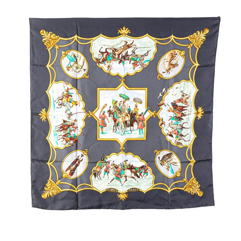 Hermès Les Chevaux des Moghols Silk Scarf Blue Silk Good condition - Front View