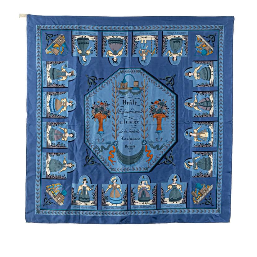 Hermès Huile Rafraichissante a L Usage de la Toilette Parfumee Silk Scarf Blue Silk Good condition - Front View