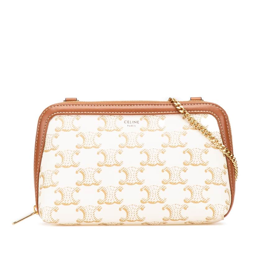 Celine Triomphe Coated Canvas Clutch On Chain White Canvas Good condition - Front View