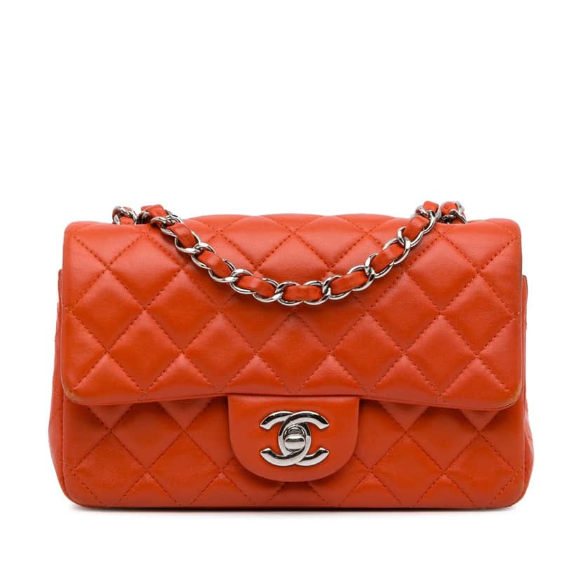 Chanel Mini Rectangular Classic Lambskin Single Flap Orange Leather Very good condition - Front View
