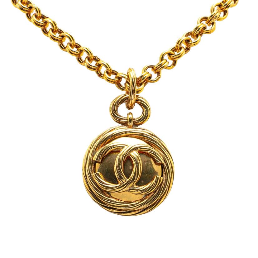 Chanel Gold Plated CC Round Mirror Pendant Necklace Gold Metal Good condition - Front View