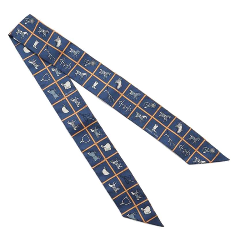 Hermès Couvertures Et Tenues De Jour Twilly Silk Scarf Blue Silk Very good condition - Front View