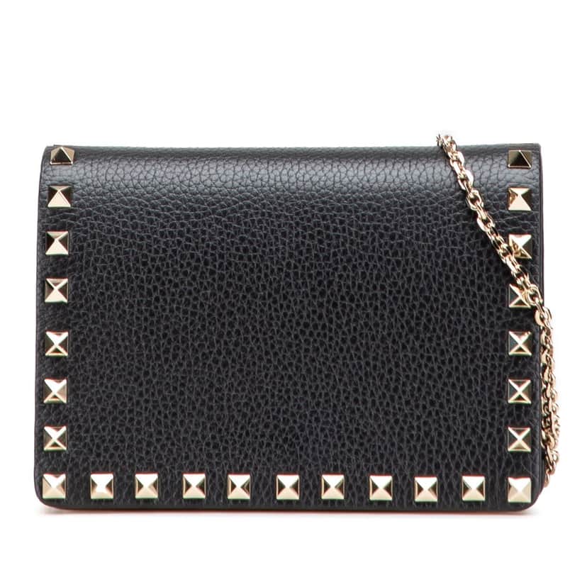 Valentino Pebbled Calfskin Rockstud Chain Wallet Black Leather Good condition - Front View