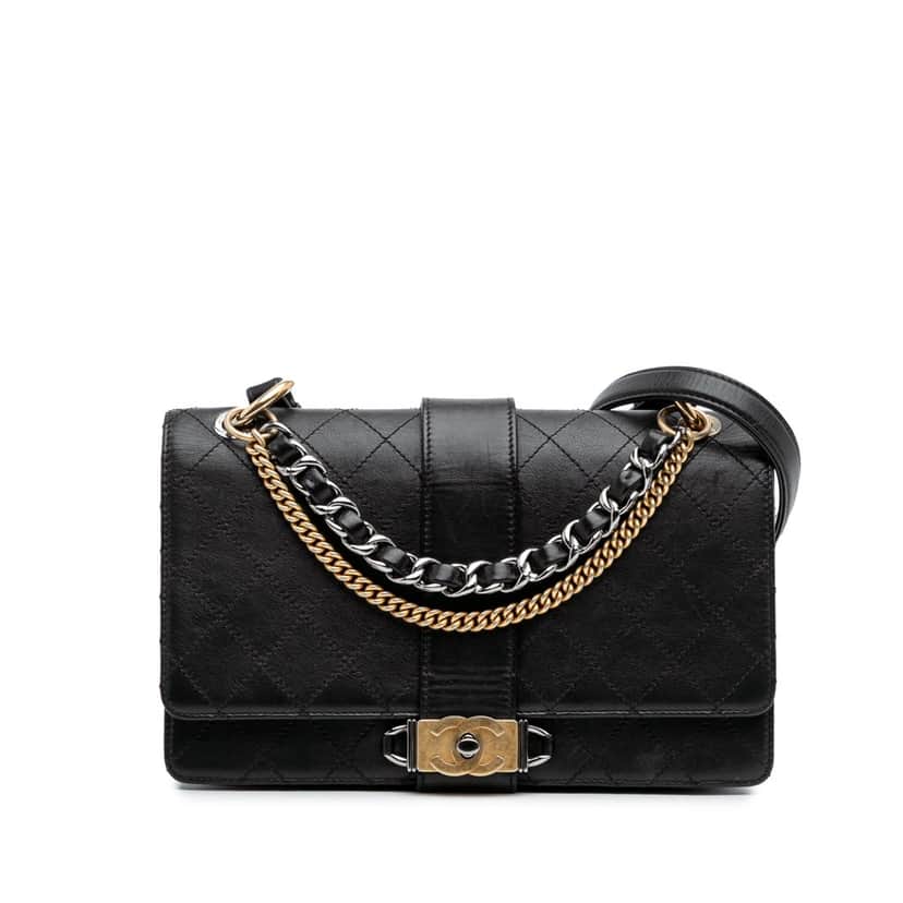 Chanel Quilted Calfskin Double Chain Top Handle Flap Black Leather Good condition - Front View