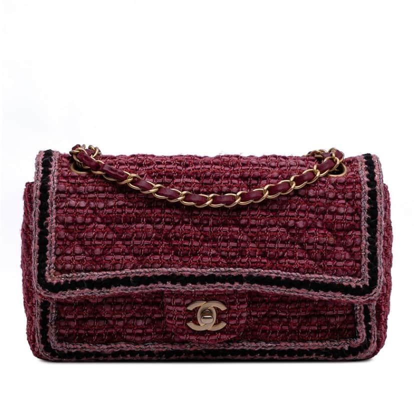 Chanel Medium Braided Classic Tweed Single Flap Red Tweed Good condition - Front View