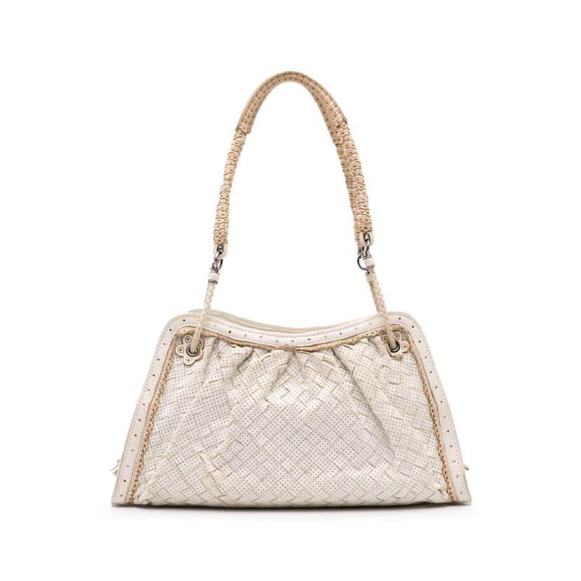 Bottega Veneta Woven Perforated Leather Shoulder Bag White Leather Good condition - Front View