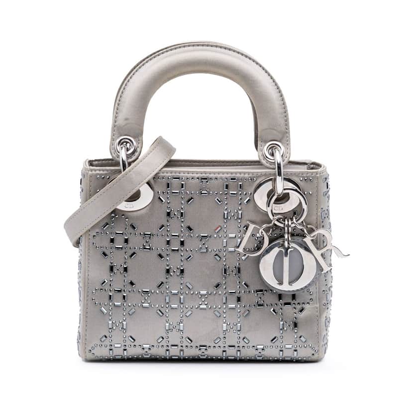 Dior Mini Satin Cannage Strass Crystal Embellished Lady Dior Grey Satin Good condition - Front View