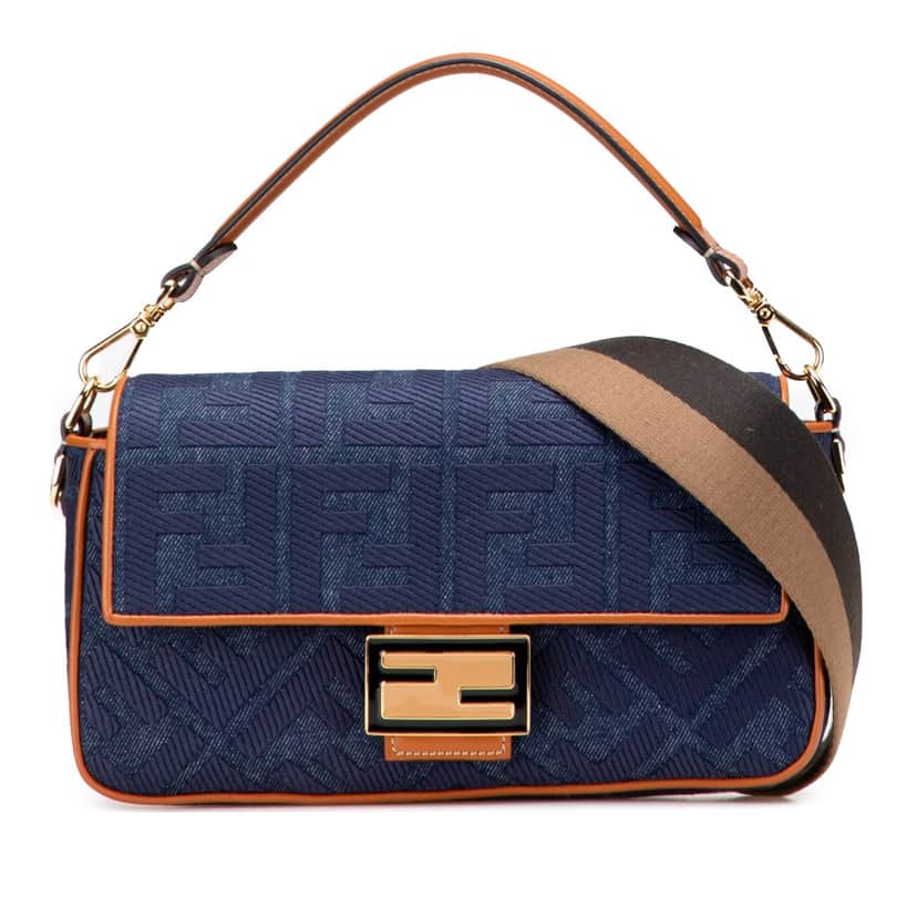 Fendi Zucca Embroidered Denim Baguette Satchel Blue Denim Good condition - Front View