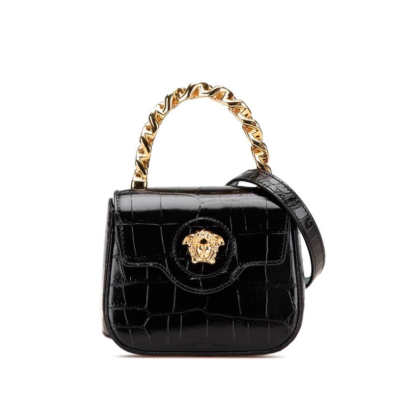 Versace Mini Croc Embossed La Medusa Satchel Black Leather Good condition - Front View