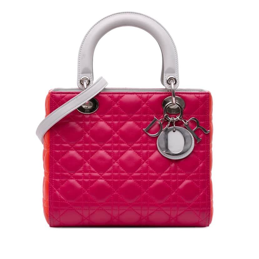Dior Medium Tricolor Lambskin Cannage Lady Dior Pink Leather Very good condition - Front View
