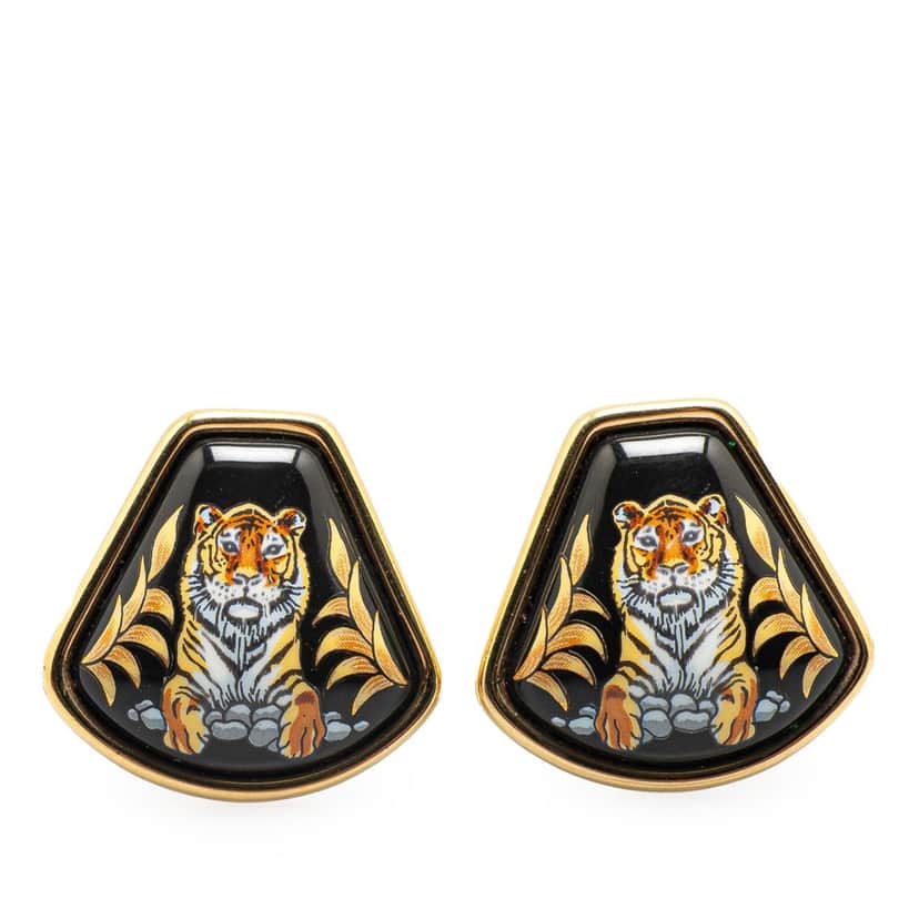 Hermès Royal Tiger Cloisonne Enamel Clip On Earrings Black Good condition - Front View