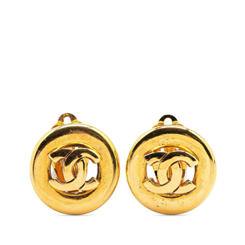 Chanel CC Gold Plated Round Clip On Earrings Gold Metal Good condition - Front View