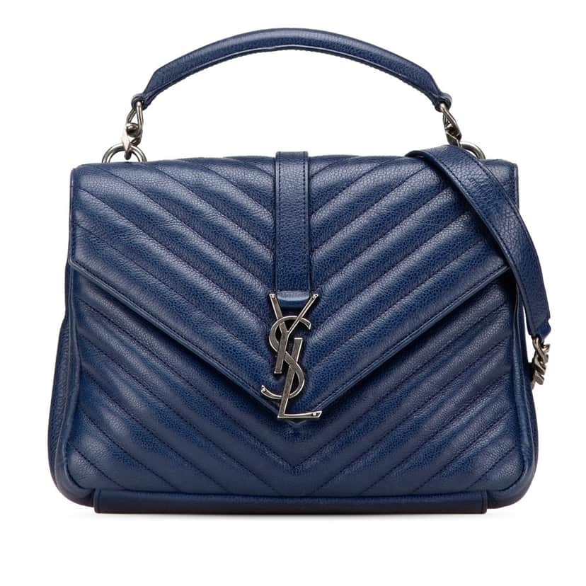 Saint Laurent Medium Quilted Chevron Sheepskin College Satchel Blue Leather Good condition - Front View