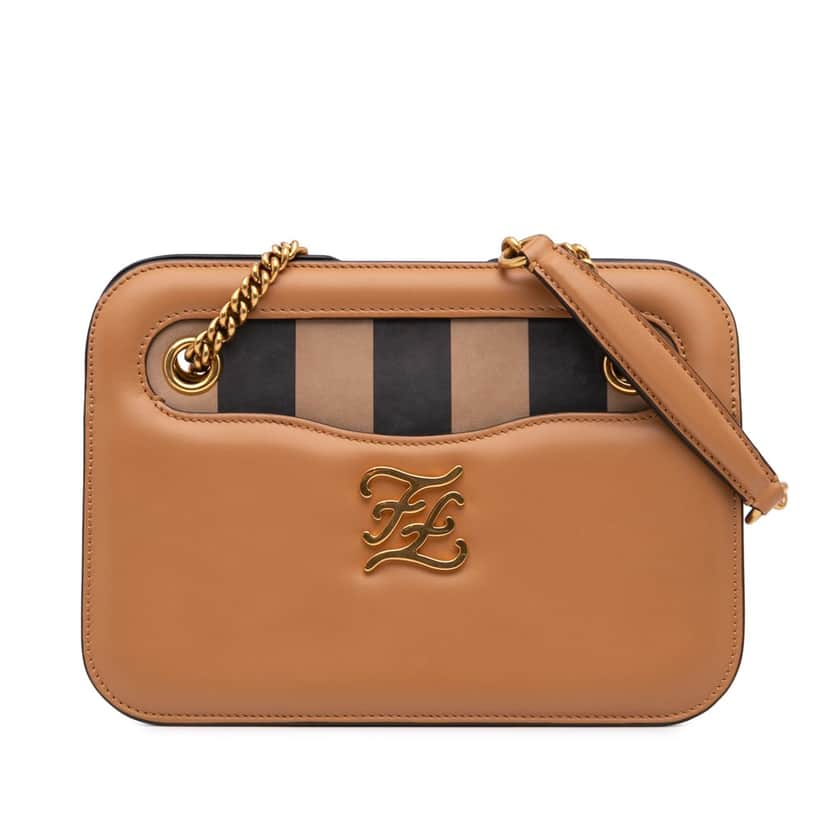 Fendi Calfskin Vitello King Nubuck Pequin Karligraphy Pocket Shoulder Bag Brown Leather Very good condition - Front View