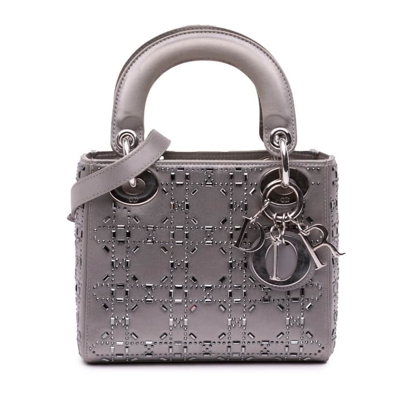 Dior Mini Satin Cannage Strass Crystal Embellished Lady Dior Grey Satin Good condition - Front View