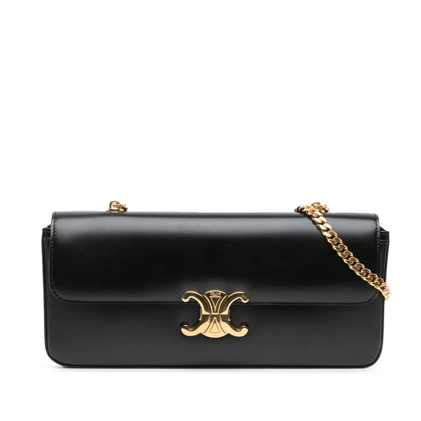 Celine Shiny Calfskin Triomphe Chain Shoulder Bag Black Leather Good condition - Front View