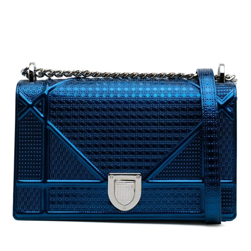 Dior Medium Metallic Patent Microcannage Diorama Crossbody Blue Leather Good condition - Front View