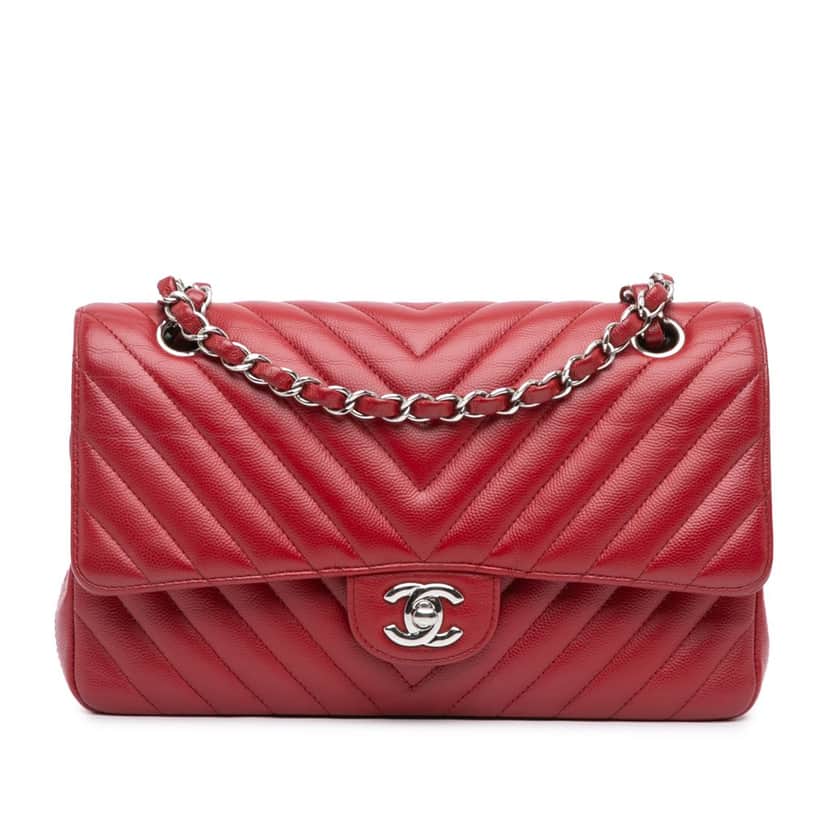 Chanel Medium Classic Chevron Caviar Double Flap Red Leather Good condition - Front View