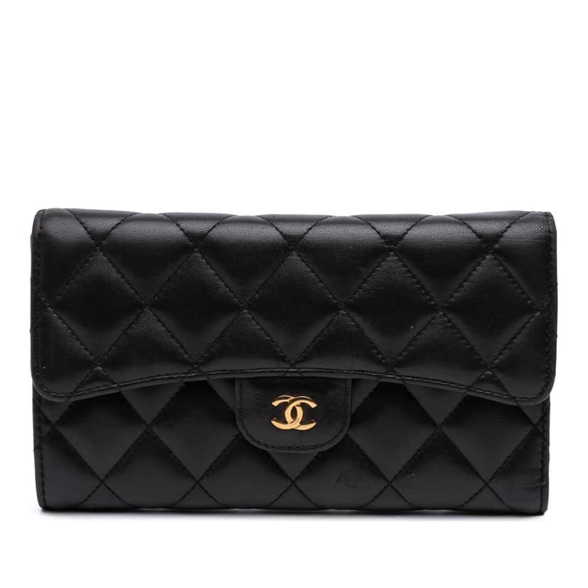 Chanel Large CC Quilted Lambskin Flap Wallet Black Leather Good condition - Front View