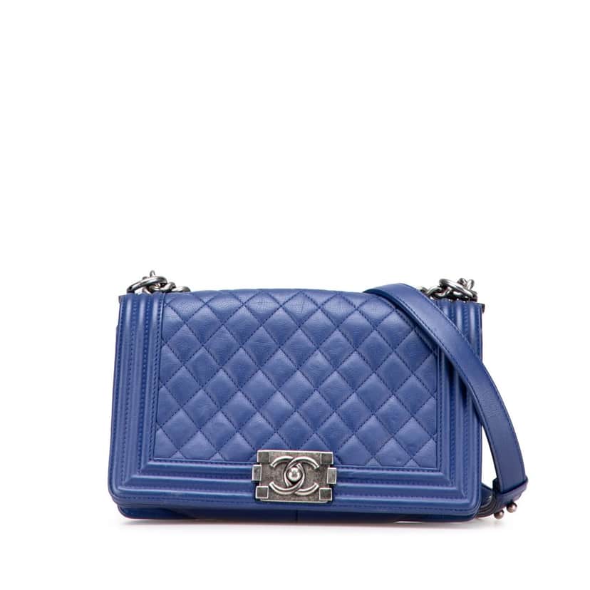 Chanel Old Medium Quilted Lambskin Boy Flap Blue Leather Good condition - Front View