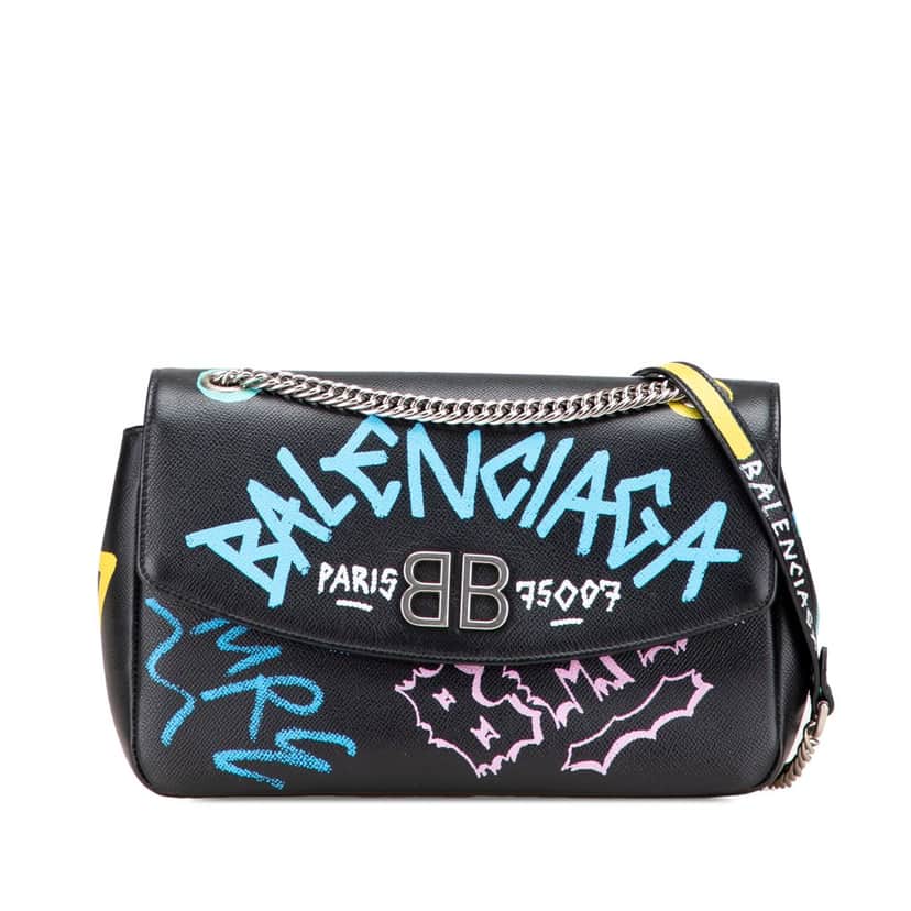 Balenciaga M Grained Calfskin Graffiti BB Round Crossbody Black Leather Good condition - Front View