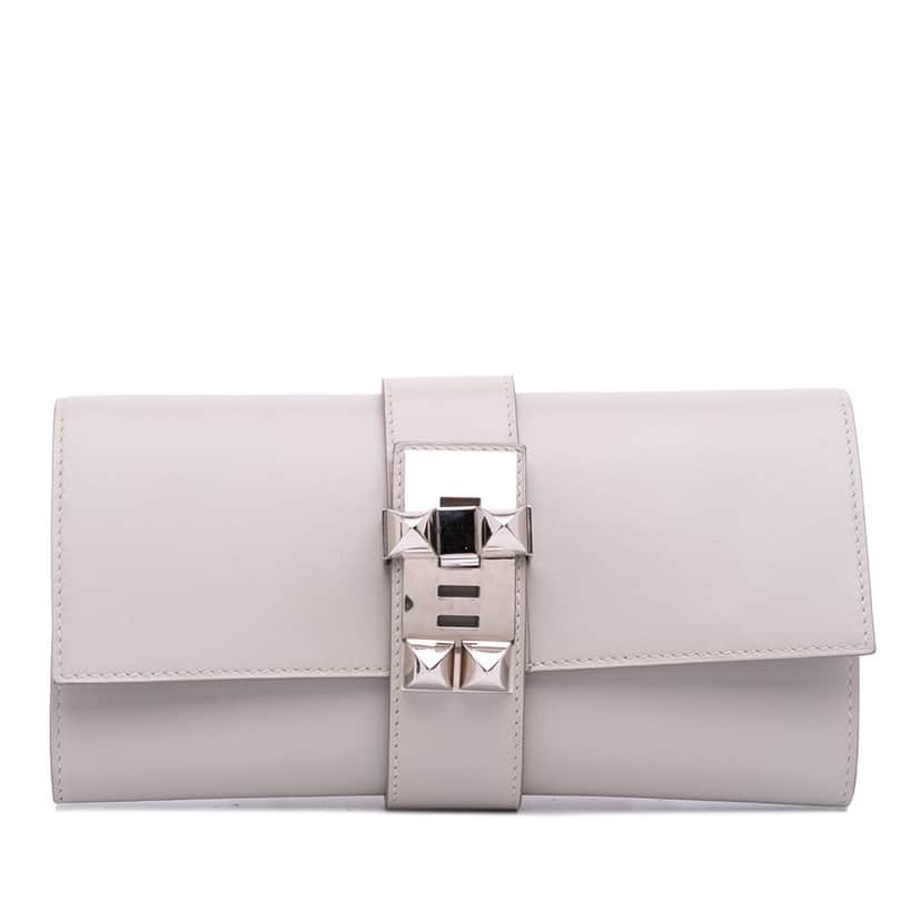 Hermès Tadelakt Medor Clutch 23 Grey Leather Good condition - Front View