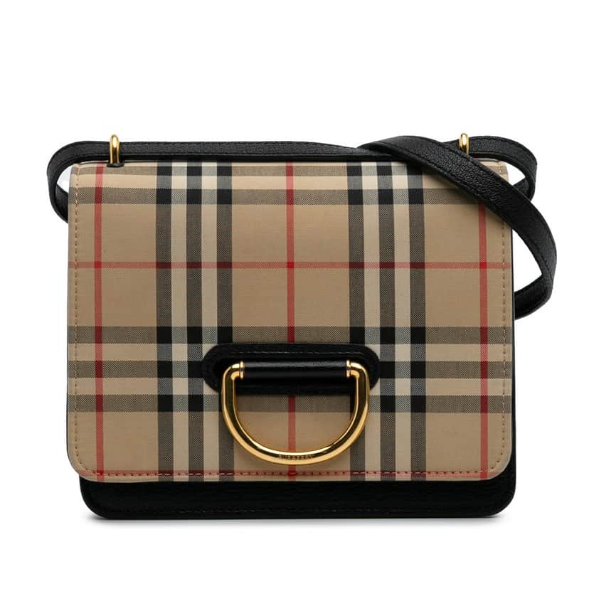 Burberry Small Goatskin Trimmed House Check Canvas D Ring Crossbody Brown Canvas Good condition - Front View