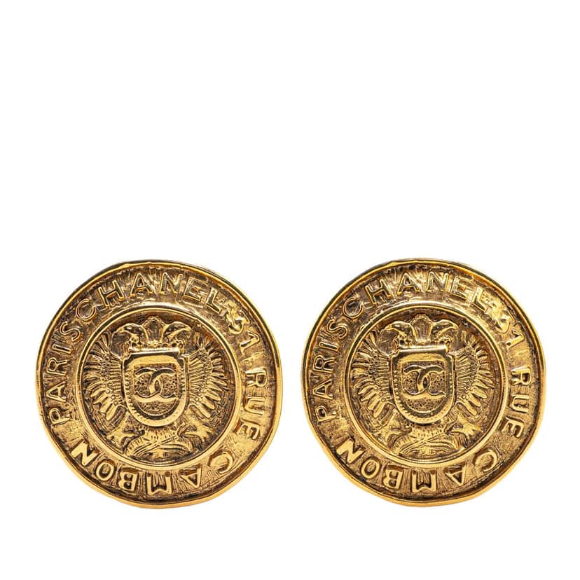 Chanel Gold Plated CC Round Shield Clip on Earrings Gold Metal Good condition - Front View