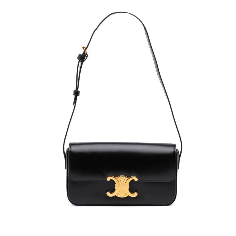 Celine Shiny Calfskin Claude Shoulder Bag Black Leather Good condition - Front View