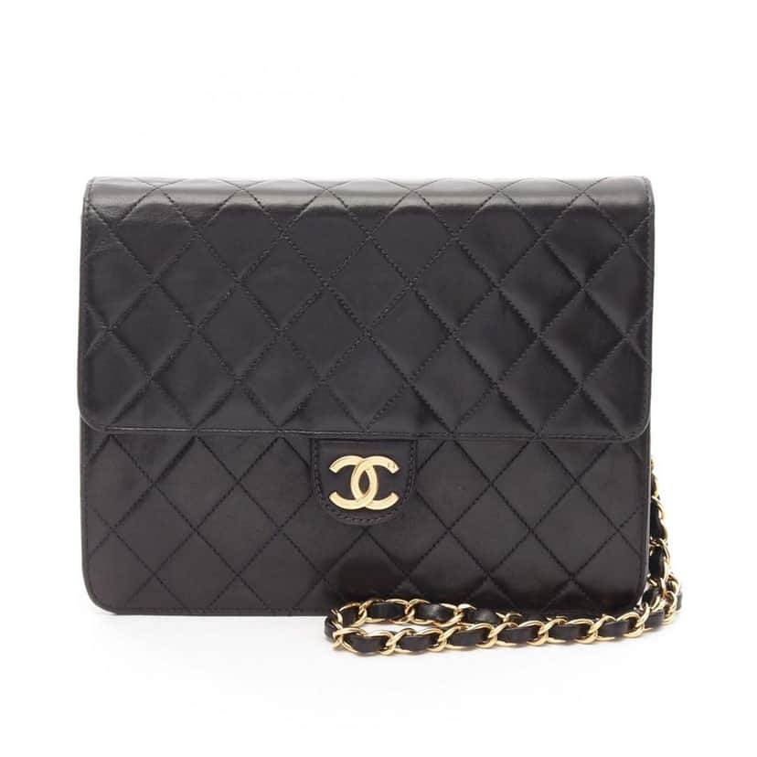 Chanel CC Quilted Lambskin Chain Single Flap Black Leather Good condition - Front View