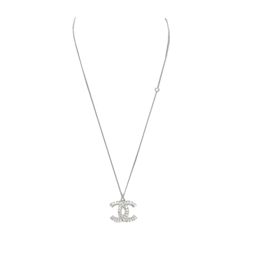 Chanel CC Silver Plated Rhinestones Pendant Necklace Silver Silver Good condition - Front View