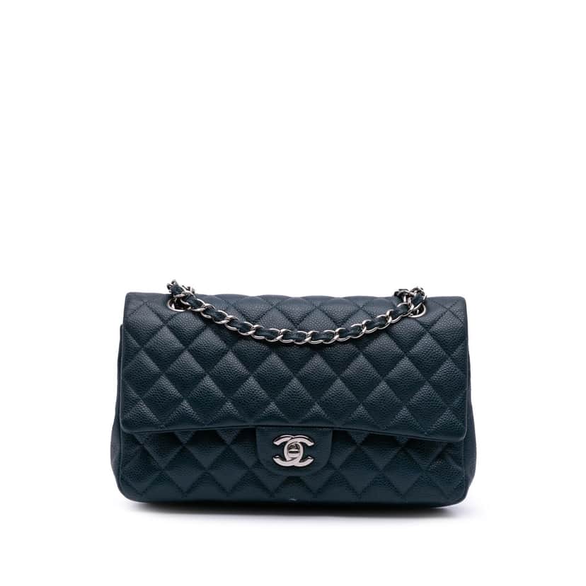 Chanel Medium Classic Caviar Double Flap Blue Leather Good condition - Front View