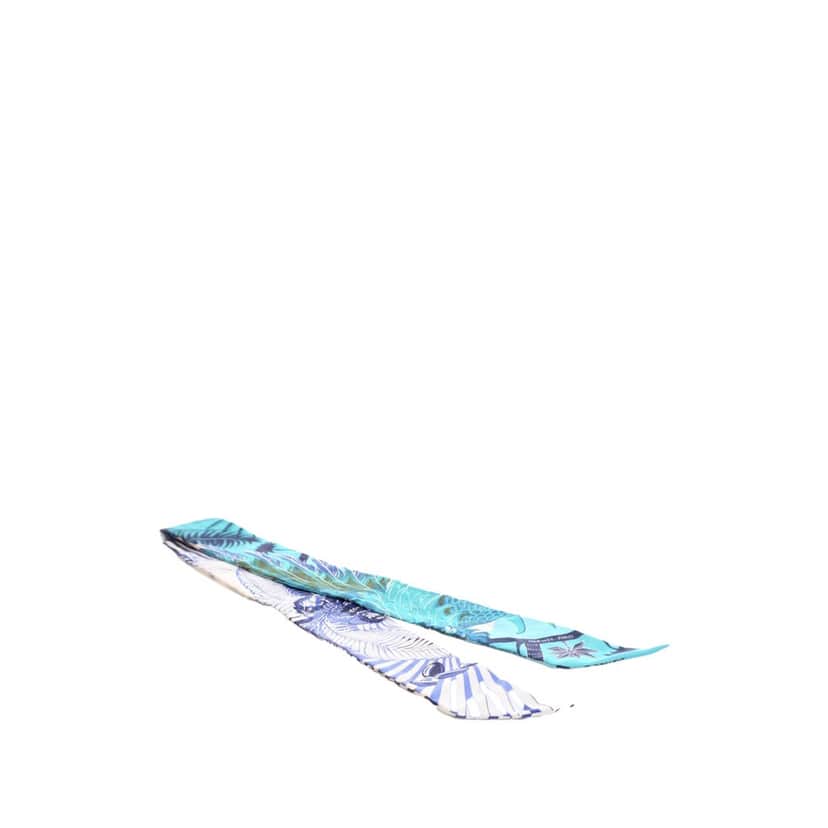 Hermès Mysthiques Phoenix Coloriage Silk Twilly Scarf Blue Silk Good condition - Front View