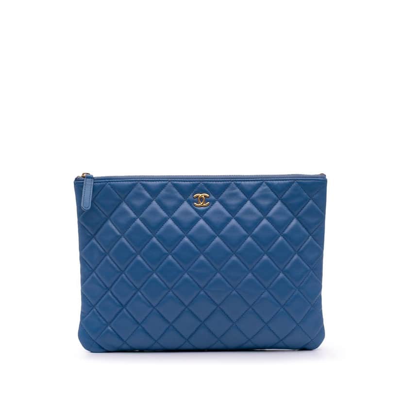 Chanel Medium Quilted Lambskin O Case Clutch Blue Leather Good condition - Front View