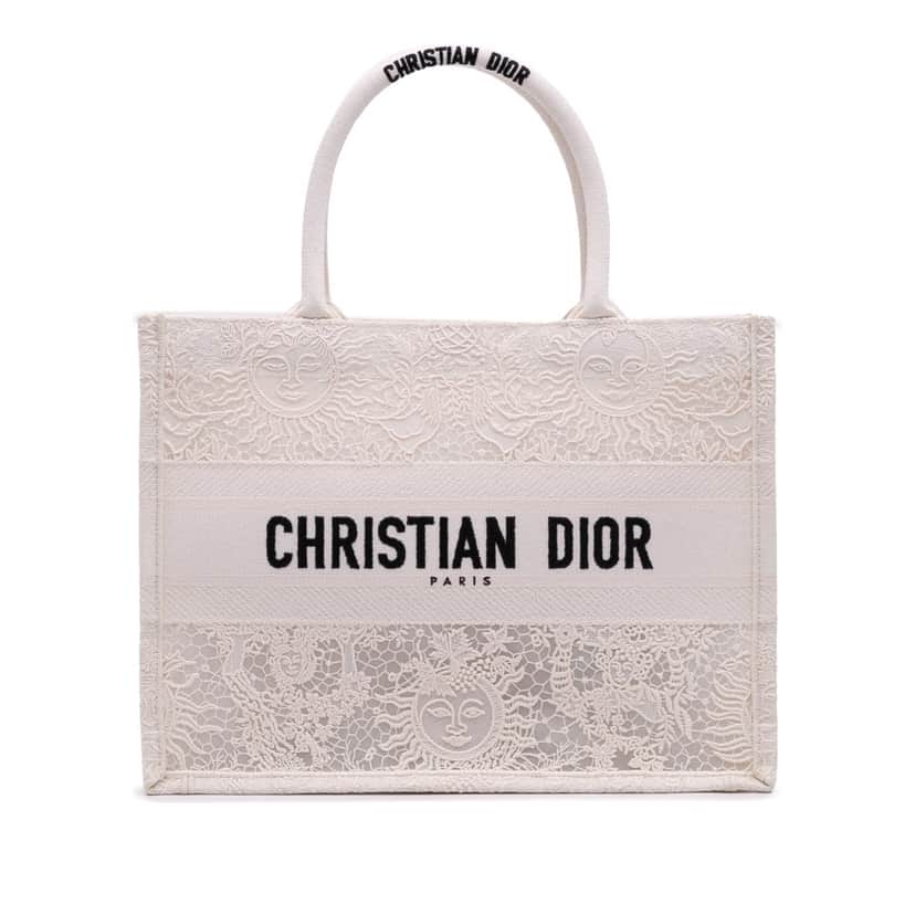 Dior Medium Canvas D Lace Sun Embroidery Book Tote White Canvas Good condition - Front View