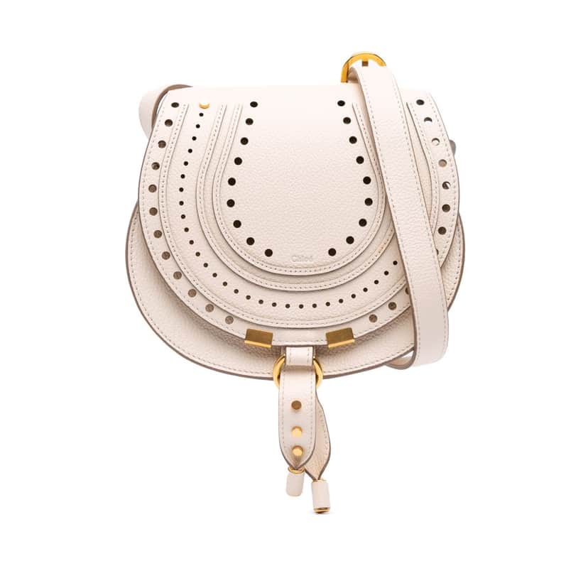 Chloé Small Perforated Grained Calfskin Marcie Saddle Crossbody White Leather Good condition - Front View