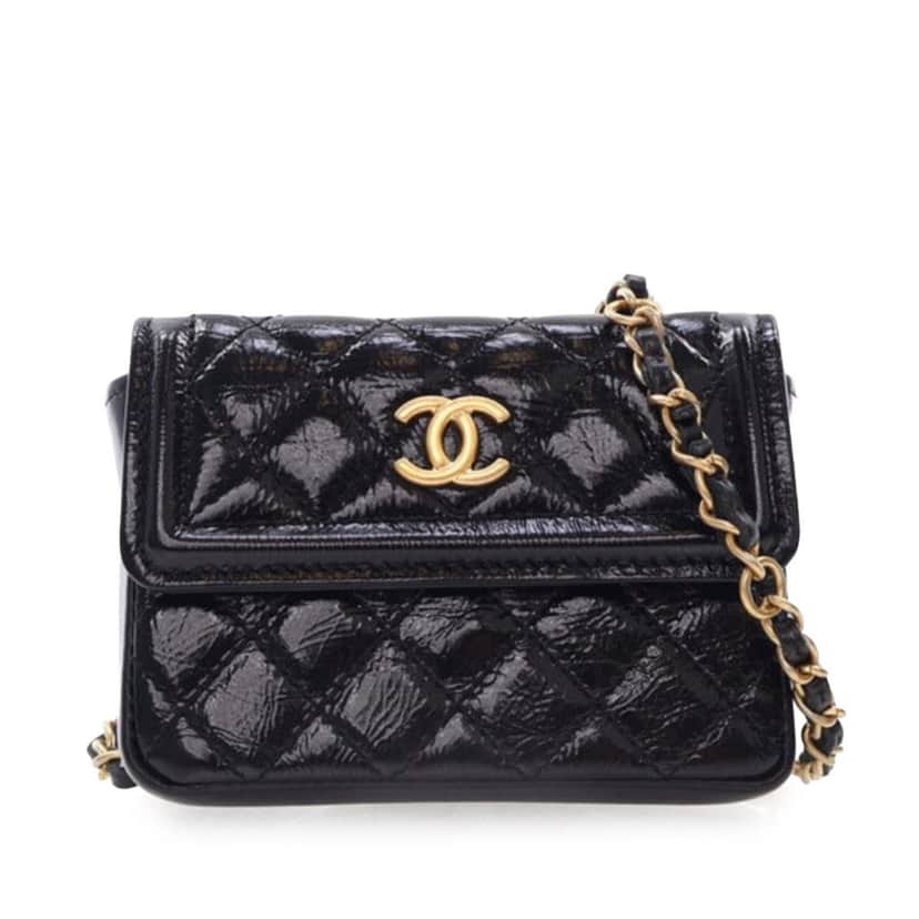 Chanel Mini Quilted Aged Calfskin Card Holder On Chain Belt Bag Black Leather Good condition - Front View