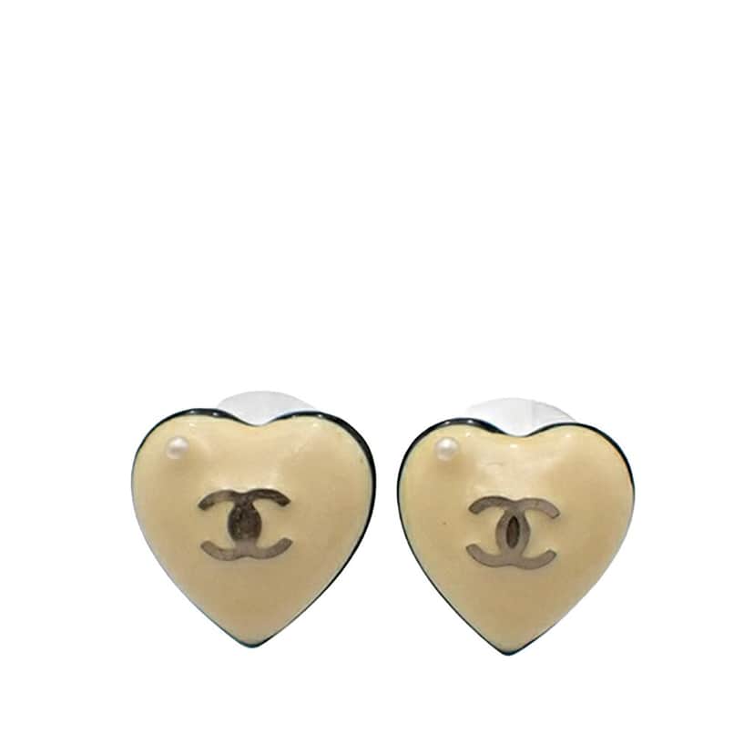 Chanel Resin CC Heart Push Back Earrings White Good condition - Front View